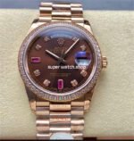8+ Factory Counterweight Rolex Day-Date 118235 36mm Diamond Rose Gold Bezel Full Rose Gold Diamond Mope&Baguette Diamond Brown Dial