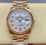 8+ Factory Counterweight Rolex Day-Date 128235-0029 36mm Full Rose Gold Diamond Mope&Baguette Diamond Mother Of Pearl Dial