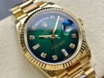 8+ Factory Counterweight Rolex Day-Date 128238-0069 36mm Full Yellow Gold Diamond Mope&Baguette Diamond Green Dial - Image 2
