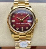 8+ Factory Counterweight Rolex Day-Date 128238 36mm Full Yellow Gold Diamond Mope&Baguette Diamond Red Ombré Dial