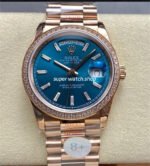 8+ Factory Counterweight Rolex Day-Date 128345RBR-0083 36mm Diamond Bezel Full Rose Gold Baguette Diamond Blue Green Dial