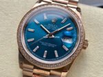 8+ Factory Counterweight Rolex Day-Date 128345RBR-0083 36mm Diamond Bezel Full Rose Gold Baguette Diamond Blue Green Dial - Image 3