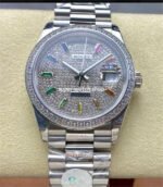 8+ Factory Counterweight Rolex Day-Date 128349RBR-0006 36mm Diamond White Gold Bezel Full White Gold Baguette Diamond White Gold Dial