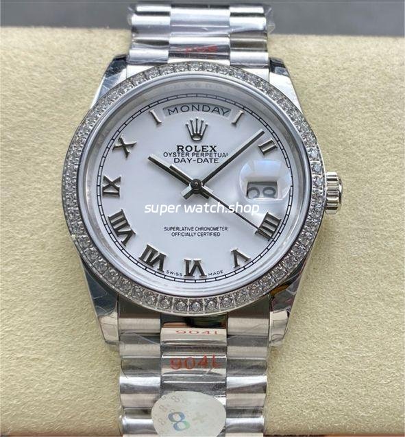 8-Factory-Counterweight-Rolex-Day-Date-128349RBR-0025-36mm-Diamond-Bezel-Ful-3.jpg 8+ Factory Counterweight Rolex Day-Date 128349RBR-0025 36mm Diamond Bezel Full White Gold Roman Numerals White Dial - Image 1