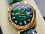 8+ Factory Counterweight Rolex Day-Date 36mm 128238-0069 Yellow Gold Crocodile Leather Strap Diamond Mope&Baguette Diamond Green Ombré Dial - Image 2