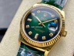 8+ Factory Counterweight Rolex Day-Date 36mm 128238-0069 Yellow Gold Crocodile Leather Strap Diamond Mope&Baguette Diamond Green Ombré Dial - Image 3