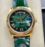 8+ Factory Counterweight Rolex Day-Date 36mm 128238-0118 Yellow Gold Crocodile Leather Strap Roman Numerals Green Ombré Dial