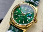 8+ Factory Counterweight Rolex Day-Date 36mm 128238-0130 Yellow Gold Crocodile Leather Strap Baguette Diamond Green Dial - Image 3