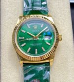 8+ Factory Counterweight Rolex Day-Date 36mm 128238-0130 Yellow Gold Crocodile Leather Strap Baguette Diamond Green Dial