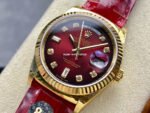 8+ Factory Counterweight Rolex Day-Date 36mm 128238 Yellow Gold Crocodile Leather Strap Diamond Mope&Baguette Diamond Red Ombré Dial - Image 3