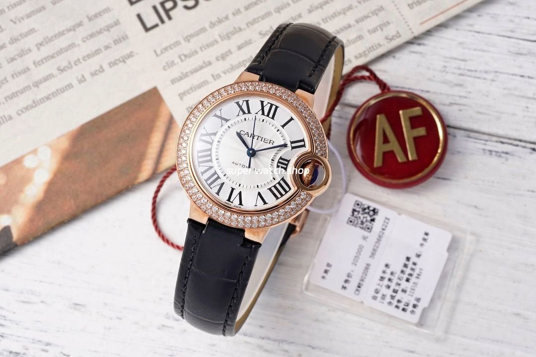 AF-Factory-Cartier-Ballon-Bleu-WJBB0033-33mm-Diamond-Bezel-Rose-Gold-Leather-Str-3.jpg AF Factory Cartier Ballon Bleu WJBB0033 33mm Diamond Bezel Rose Gold Leather Strap Roman Numerals Silver Dial - Image 1