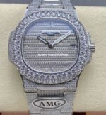 AMG Factory Patek Philippe Nautilus PP5711 40mm Diamond Bezel White Gold Diamond 6 9 12 Baguette Diamond Silver Dial