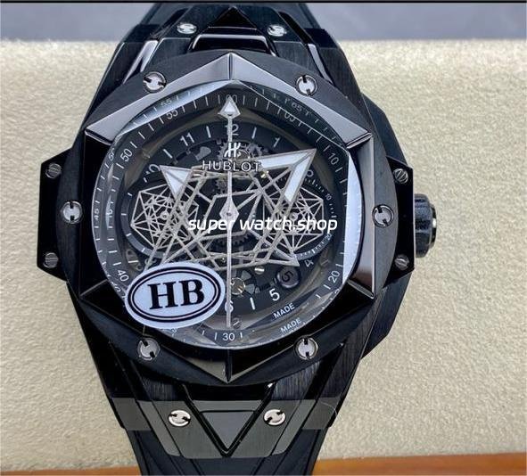 HB-Factory-Hublot-Big-Bang-Sang-Bleu-418.CX_.1107.RX_.MXM22-45mm-Ceramic-B-8.jpg HB Factory Hublot Big Bang Sang Bleu 418.CX.1107.RX.MXM22 45mm Ceramic Black Rubber Strap White Needle Skeletonized Black Dial - Image 1